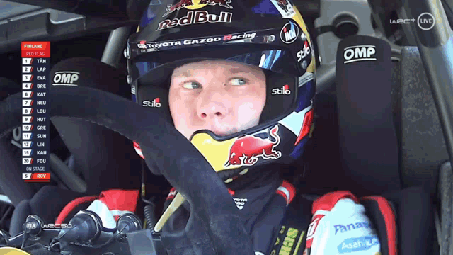 a man wearing a helmet with red bull on it