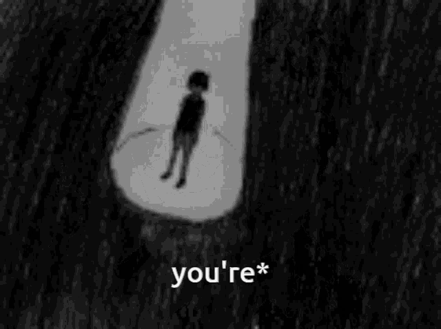 a black and white drawing of a young boy covering his face with his hands .