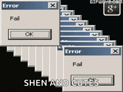 a bunch of error boxes are stacked on top of each other with the words " shen and cutes " at the bottom