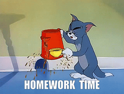 a cartoon of tom holding a cup of coffee with the words " homework time " below him
