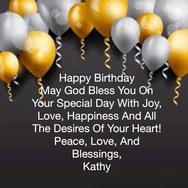 a birthday card with gold and silver balloons and the name kathy