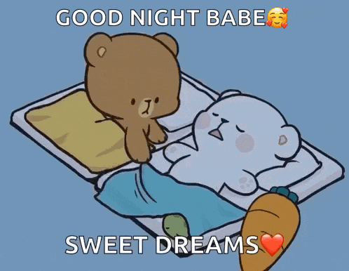 a cartoon of two teddy bears laying on a bed with the words good night babe sweet dreams