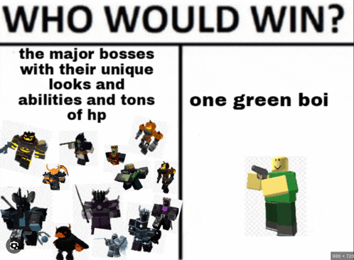 a poster that says who would win with a green boi in the middle