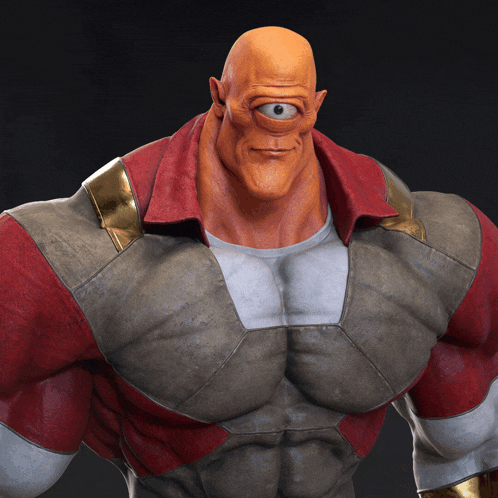 a cartoon character with one eye and a huge chest