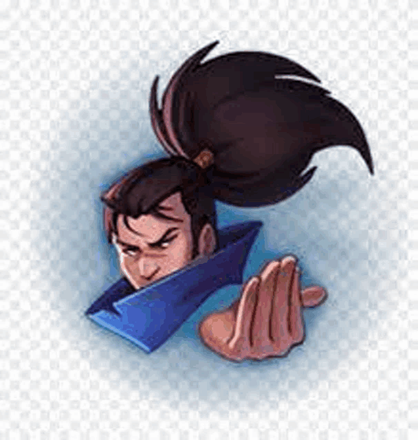 a cartoon of a man with a ponytail and a hand in front of his face .