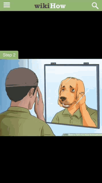 a man is looking at himself in a mirror with a dog 's head on it