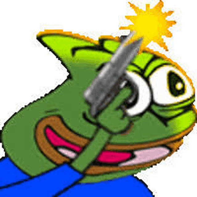 a cartoon frog is holding a knife with a sun behind him .