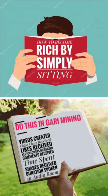 a man is reading a book about how to be rich by simply sitting