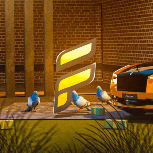 a pigeon is standing in front of a yellow car that says force