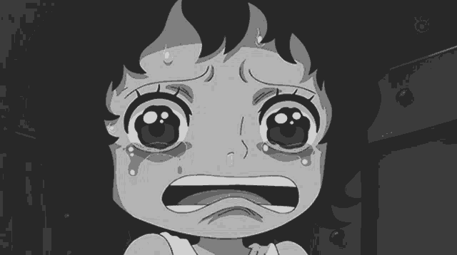 a black and white drawing of a little girl with tears running down her face