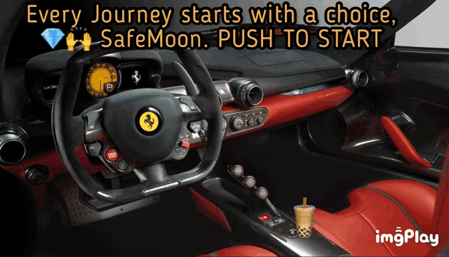 a picture of a car with the words " every journey starts with a choice safemoon push to start " above it