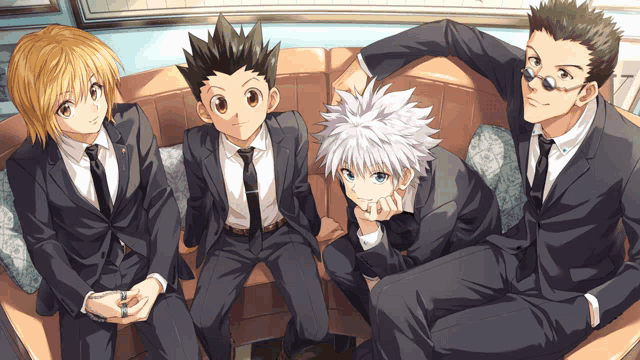 four anime characters in suits and ties are sitting on a couch together