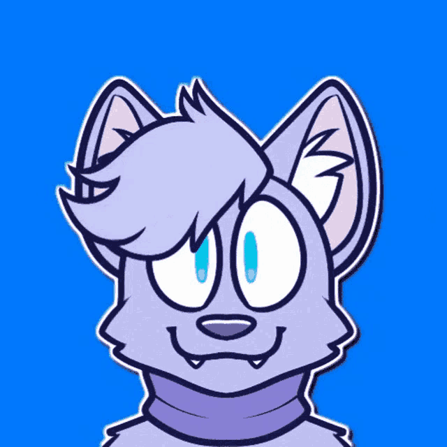 a cartoon drawing of a purple cat with blue eyes and a collar