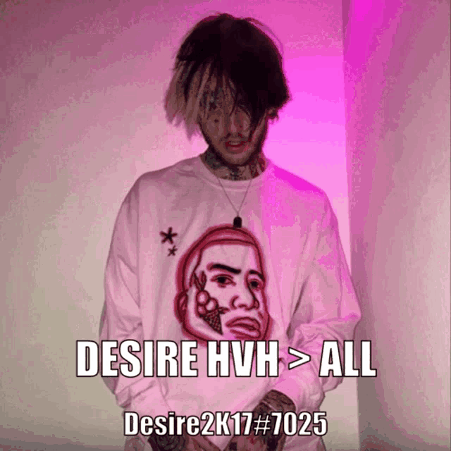 a man wearing a sweater that says desire hvh > all desire2k17 # 7025