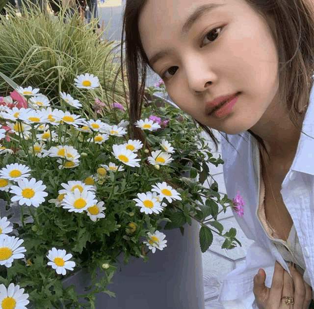 a woman in a white shirt is looking at a potted plant with daisies