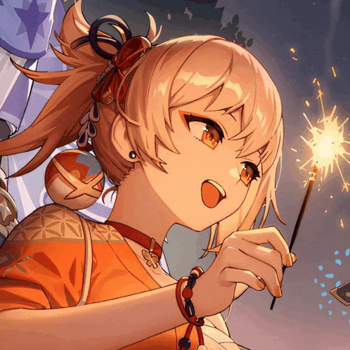 a girl with a ponytail holds a sparkler in her hand