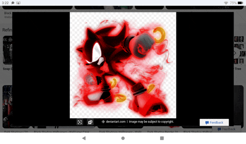 a screenshot of shadow the hedgehog on deviantart with a feedback button