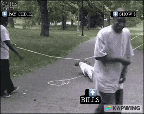 a man is pulling another man on a leash with the words pay check and show s on the bottom right