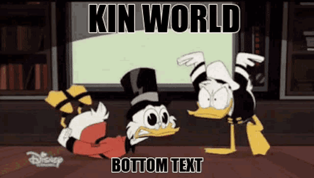 donald duck and scrooge mcduck are standing next to each other in front of a television with a bottom text .