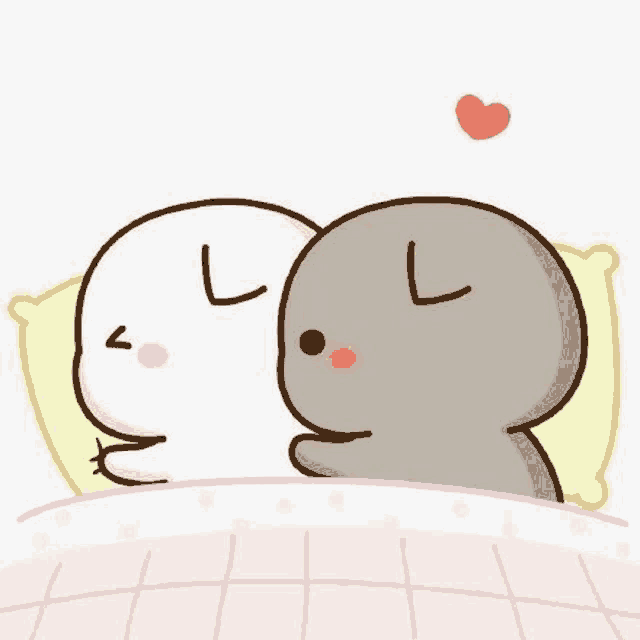 a couple of cartoon characters laying in bed with a heart in the air .