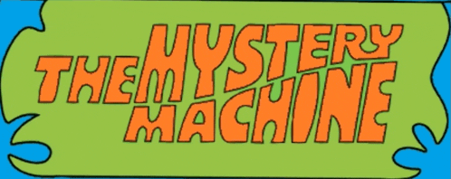 a logo for the mystery machine with a blue background