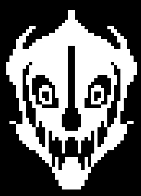 a black and white pixel art drawing of a bear 's head with horns .