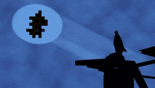 a silhouette of a batman standing on top of a building in front of a blue pixelated moon