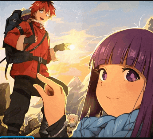 a girl with purple hair is standing next to a boy with a backpack