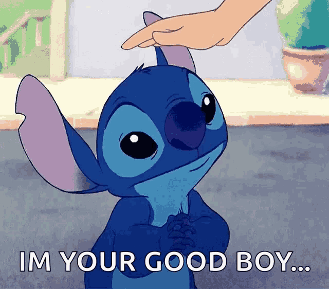 a person petting stitch 's head with the words " im your good boy "