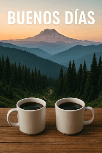 two cups of coffee on a wooden table with a mountain in the background and the words buenos dias