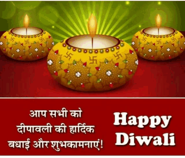 a happy diwali greeting card with three candles on a green background