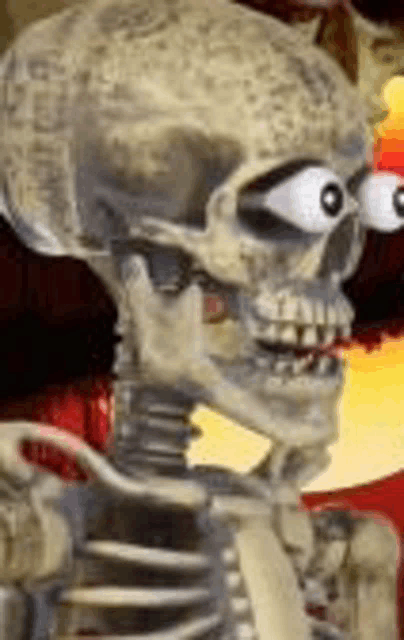 a skeleton with big eyes is holding a bottle of hot sauce in his hand .