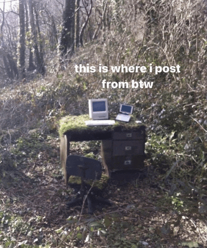 a computer sits on a mossy desk in the woods with the words this is where i post from btw below it