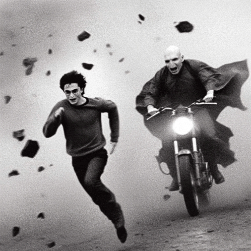 harry potter and voldemort are running from a motorcycle