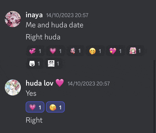 a screenshot of a conversation between inaya and huda lov