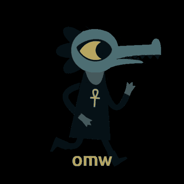 a cartoon character with an ankh on his chest and the word omw below it