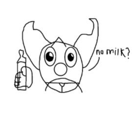 a black and white drawing of a cartoon character holding a bottle of milk and asking no milk