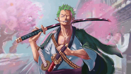 roronoa zoro from one piece is holding two swords in his hand .