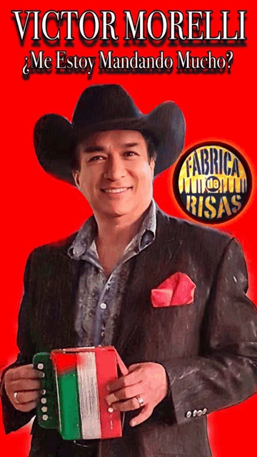 victor morelli is wearing a cowboy hat and holding an accordian