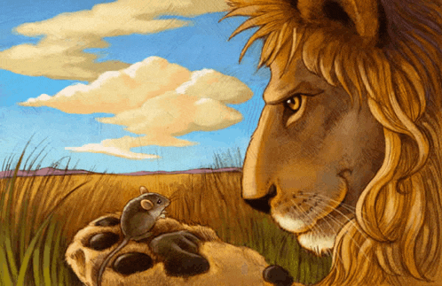 a painting of a lion holding a mouse in its paw