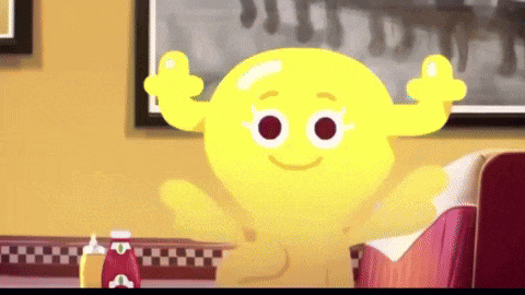 a yellow cartoon character is giving a thumbs up in a diner