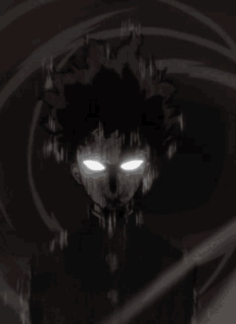 a black and white drawing of a person with glowing eyes and a swirl in the background .