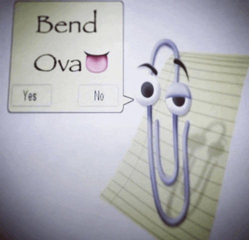 a paper clip with a speech bubble that says bend ova on it