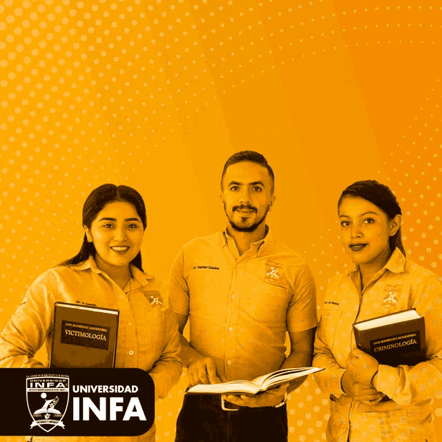 a man and two women are standing next to each other holding books in front of a sign that says universidad infa