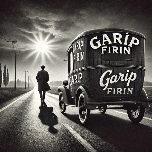 a man is walking down a road next to a garip firin van