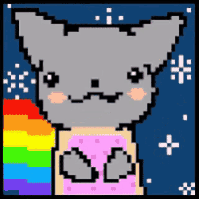 a pixel art image of a cat with a rainbow in the background