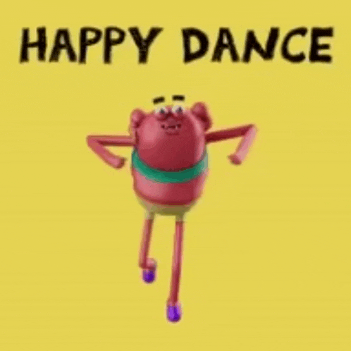 a cartoon character is dancing with the words `` happy dance '' written on a yellow background .