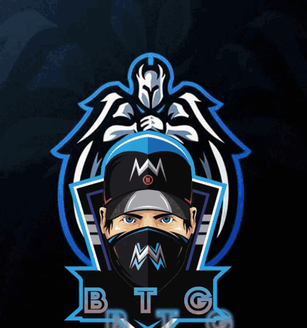 a logo for btg with a man wearing a mask on his face