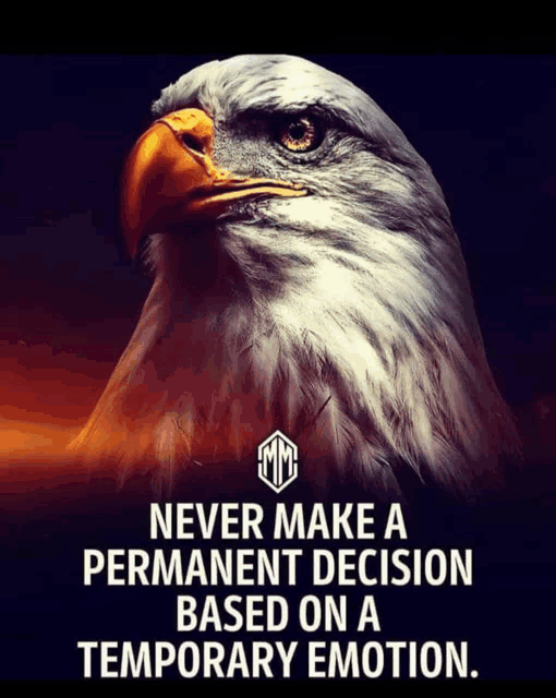 a picture of an eagle with a quote that says never make a permanent decision based on a temporary emotion