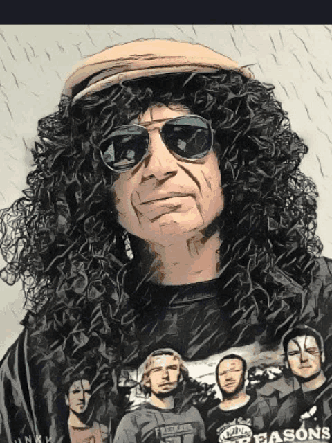 a drawing of a man with curly hair wearing sunglasses and a hat with the word seasons on it